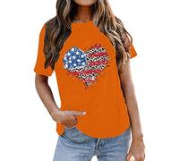 Women's Casual Solid Crew Neck T-Shirt Fashion Independence Day Print Loose Short Sleeve Pullover Comfortable Top House Suits Women, orange, S