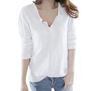 Women's Casual Solid Long Sleeve V-Neck T-Shirt Pockets Tops Blouse Black Turtleneck Women, White, XL