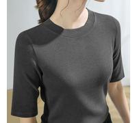 Women's Casual Solid O Neck Half Sleeve T-Shirt Elastic Ribbed Knit Slim fits Pullover Top, For Daily Holiday Party Four Seasons Basic Ladies Tee(2XL Dark gray)