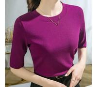 Women's Casual Solid O Neck Half Sleeve T-Shirt Elastic Ribbed Knit Slim fits Pullover Top, For Daily Holiday Party Four Seasons Basic Ladies Tee(3XL red)