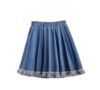 Womens Casual Solid Stretchy Flared Mini Denim Skater Skirt with Tassel Summer Elasticated High Waist A Line Jean Skirt for Work School Beach Blue One Size