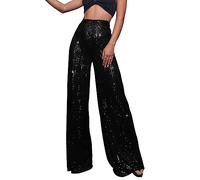 Womens Casual Sparkly Sequin Pants High Waisted Wide Leg Palazzo Bell Bottom Dance Trousers Loose Fit Pull On Comfy 60s 70s 80s Magic Glitter Disco Party Long Maxi Pants Vintage Y2K Streetwear Outfits