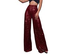 Womens Casual Sparkly Sequin Pants High Waisted Wide Leg Palazzo Bell Bottom Dance Trousers Loose Fit Pull On Comfy 60s 70s 80s Magic Glitter Disco Party Long Maxi Pants Vintage Y2K Streetwear Outfits