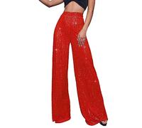 Womens Casual Sparkly Sequin Pants High Waisted Wide Leg Palazzo Bell Bottom Dance Trousers Loose Fit Pull On Comfy 60s 70s 80s Magic Glitter Disco Party Long Maxi Pants Vintage Y2K Streetwear Outfits
