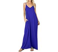 Womens Casual Strappy V Neck Sleeveless Flowy Pockets Loose Long Maxi Beach Dress Sundress - Blue - Medium