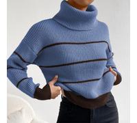 Women's Casual Striped Knitted Sweater Pullover with High Collar Long Sleeve Loose Fit Warm Autumn Winter Top for Daily Holiday Party Apricot Blue(L Blue)