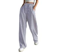 Women's Casual Striped Pants Drawstring Elastic Waist Straight Wide Leg Trousers with Pockets Casual Lightweight Comfortable Dress Work Palazzo Pants Loose Outdoor Holiday Travel Slacks Blue Small