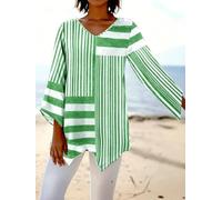 Women's Casual Striped Tunic top, v鈥憂eck Irregular Hem | V-neck irregular hem, mixed stripe print, 3/4 flared sleeves, relaxed fit, great for daily commuting and vacation looks