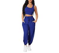 Women's Casual Suit Solid Short Tight Round Neck Vest Long Pant Sport Pocket Suits Greatest of All Time Pants (Blue, L)