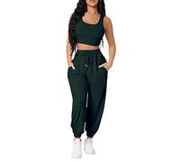 Women's Casual Suit Solid Short Tight Round Neck Vest Long Pant Sport Pocket Suits Greatest of All Time Pants (Green, XXL)