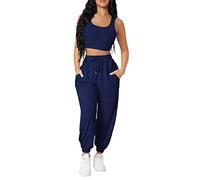 Women's Casual Suit Solid Short Tight Round Neck Vest Long Pant Sport Pocket Suits Greatest of All Time Pants (Navy, M)