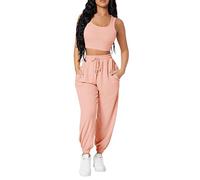Women's Casual Suit Solid Short Tight Round Neck Vest Long Pant Sport Pocket Suits Greatest of All Time Pants (Red, XXL)
