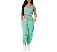 Women's Casual Suit Solid Short Tight Round Neck Vest Long Pant Sport Pocket Suits Greatest of All Time Pants (Mint Green, L)