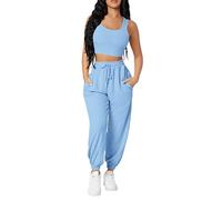 Women's Casual Suit Solid Short Tight Round Neck Vest Long Pant Sport Pocket Suits Greatest of All Time Pants (Light Blue, XXL)