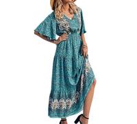 Women's Casual Summer Bobo Maxi Dress Bohemian Floral V Neck Puff Short Sleeve Ethnic Style Beachwear Holiday Sundress Long Swing Dresses (Cyan, M)