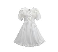 Womens Casual Summer Dress Japanese Style Sweet Lace Doll Collar Flower Button Short Sleeve White Dresses