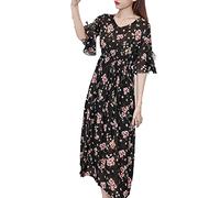 Womens Casual Summer Dress Loose Short Sleeve Floral Wrap V Neck Ruffle Flowy Boho Midi Sundress Long Dresses, Black 1, Medium