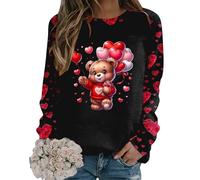 Women's Casual Sweatshirt Top for Valentine's Day with Cute Print and Crew Neck and Long Sleeves Pullover Women's Fluffy, black, XXL