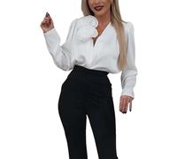 Womens Casual Sweatshirts Fit Pullover Lightweight Women's Satin Blouse Flower V Neck Long Sleeve Silk Shirt Elegant Work Top Zip Up Sweatshirt for Women (White, M)