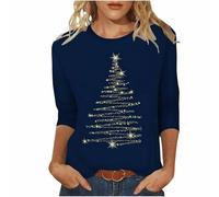 Women's Casual T-Shirt Crew Neck Christmas Print Three-Quarter Sleeve Long Top Women, navy, L