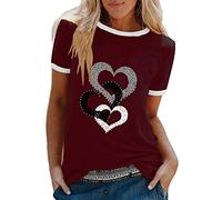 Women's Casual T-Shirt O-Neck Print Pullover Loose Short Fashion Blouse Sleeve Top Women's Blouse Sexy Clothes, Wine Red, 4XL