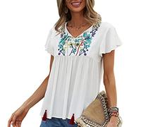 Women's Casual Tops Flutter Sleeve Tassels Tie Neck Pleated Floral Embroidered Swing Hem Blouse White
