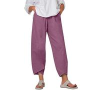 Womens Casual Trousers Cotton Linen Cropped Pants Loose Fit Straight Elasticated Waist Chino Bottoms with Pocket Wide Leg Capri Pants Summer Elastic Lightweight Trousers Clearance Prime S-5XL