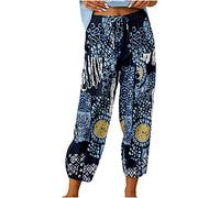 Women's Casual Trousers Elastic Waist Front Pocket Cropped Pants Casual Summer Beach Trousers for Women UK Loose Fit Floral Printed Harem Pants Lounge Trousers with Button Detail