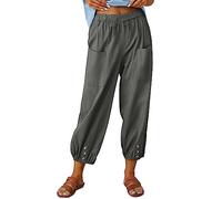 Women's Casual Trousers Elastic Waist Front Pocket Cropped Pants Casual Summer Beach Trousers for Women UK Loose Fit Floral Printed Harem Pants Lounge Trousers with Button Detail