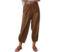 Women's Casual Trousers Elastic Waist Front Pocket Cropped Pants Casual Summer Beach Trousers for Women UK Loose Fit Floral Printed Harem Pants Lounge Trousers with Button Detail