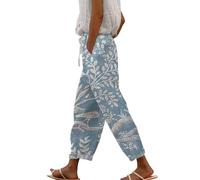 Womens Casual Trousers Women’S Cotton Linen Pants Summer Trousers for Women Straight Leg High Waist Loose Fit 3/4 Trousers Drawstring Elastic Waist Lounge Pants with Pockets Solid Color Beach Pants