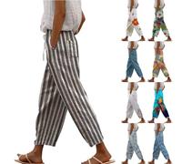 Womens Casual Trousers Women’S Cotton Linen Pants Summer Trousers for Women Straight Leg High Waist Loose Fit 3/4 Trousers Drawstring Elastic Waist Lounge Pants with Pockets Solid Color Beach Pants