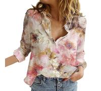 Women's Casual V Neck Boho Floral Print Roll Up Long Sleeve Chiffon Button Down Blouses Bohemian Top Shirts(Watermelon Red,X-Large)