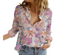 Women's Casual V Neck Boho Floral Print Roll Up Long Sleeve Chiffon Button Down Blouses Bohemian Top Shirts(Yellow,Medium)