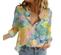 Women's Casual V Neck Boho Floral Print Roll Up Long Sleeve Chiffon Button Down Blouses Bohemian Top Shirts(Blue,X-Large)