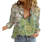 Women's Casual V Neck Boho Floral Print Roll Up Long Sleeve Chiffon Button Down Blouses Bohemian Top Shirts(Green,Medium)