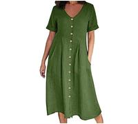 Womens Casual V-Neck Cotton Linen Dress, Solid Short Sleeve Button up Dresses, Plus Size Baggy Pocket Midi Dress
