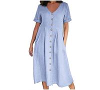 Womens Casual V-Neck Cotton Linen Dress, Solid Short Sleeve Button up Dresses, Plus Size Baggy Pocket Midi Dress