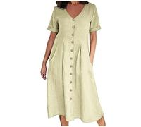 Womens Casual V-Neck Cotton Linen Dress, Solid Short Sleeve Button up Dresses, Plus Size Baggy Pocket Midi Dress
