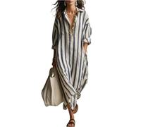 Womens Casual V Neck Striped Maxi Dress Long Sleeve Roll Up Loose Fit Split Hem Tunic Beach Cover Up for Women Black