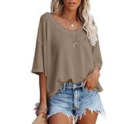Womens Casual Waffle Tops Short Sleeve V Neck Pullover Shirts Lightweight Knit Sweater Blouses Loose Fit Tees Dark Gray