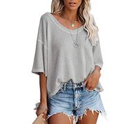 Womens Casual Waffle Tops Short Sleeve V Neck Pullover Shirts Lightweight Knit Sweater Blouses Loose Fit Tees Grey