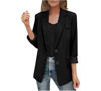 Womens Casual Work Office Blazer Elegant Flap Pockets Button Roll up Sleeve Long Suits Jackets Lapel Summer Single Breast Thin Coat Black XL