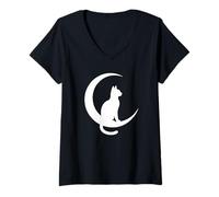 Womens Cat and Crescent Moon - Minimalist Witchy Celestial V-Neck T-Shirt