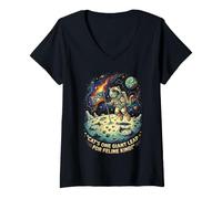 Women's Cat Astronaut One Giant Leap Space Feline Moon Adventure V-Neck T-Shirt