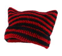 Women's Cat Beanie Crochet Hats with Ears Knitted Striped Winter Warm Elastic Cap for Girls Adults Kids (Black Red)