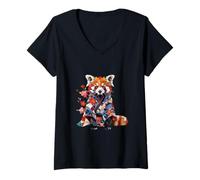 Women's Cat Bear T Kimono Jacket Little Pandas Haori Red Panda V-Neck T-Shirt
