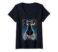 Women's Cat Black Shadow Mystical Magic Feline Witch Soul Power Core V-Neck T-Shirt
