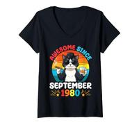 Women's Cat Boy Awesome Since September 1980 Birthday 46 Years Old V-Neck T-Shirt