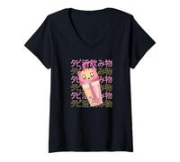 Women's Cat Bubble Tea Japanese Text Art Kawaii V-Neck T-Shirt